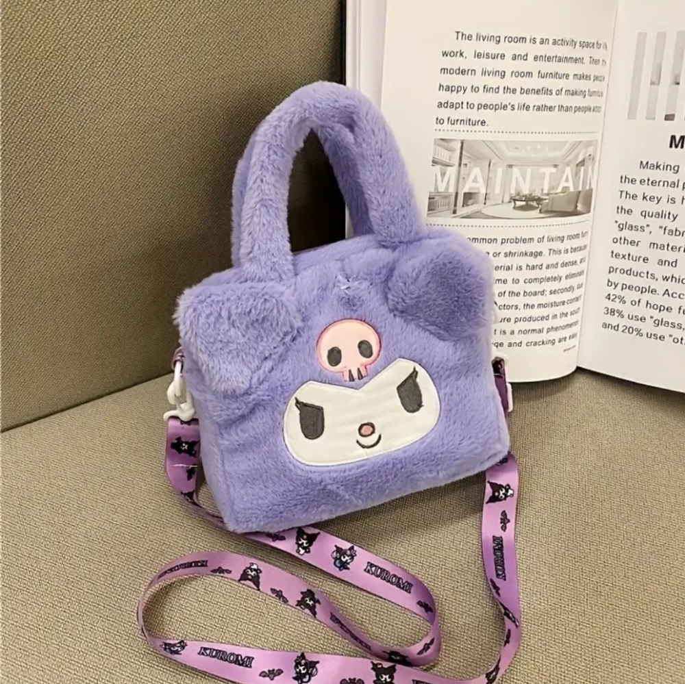 Kuromi - Sanrio | Fuzzy Plush Crossbody Bag | Adjustable Strap Purple